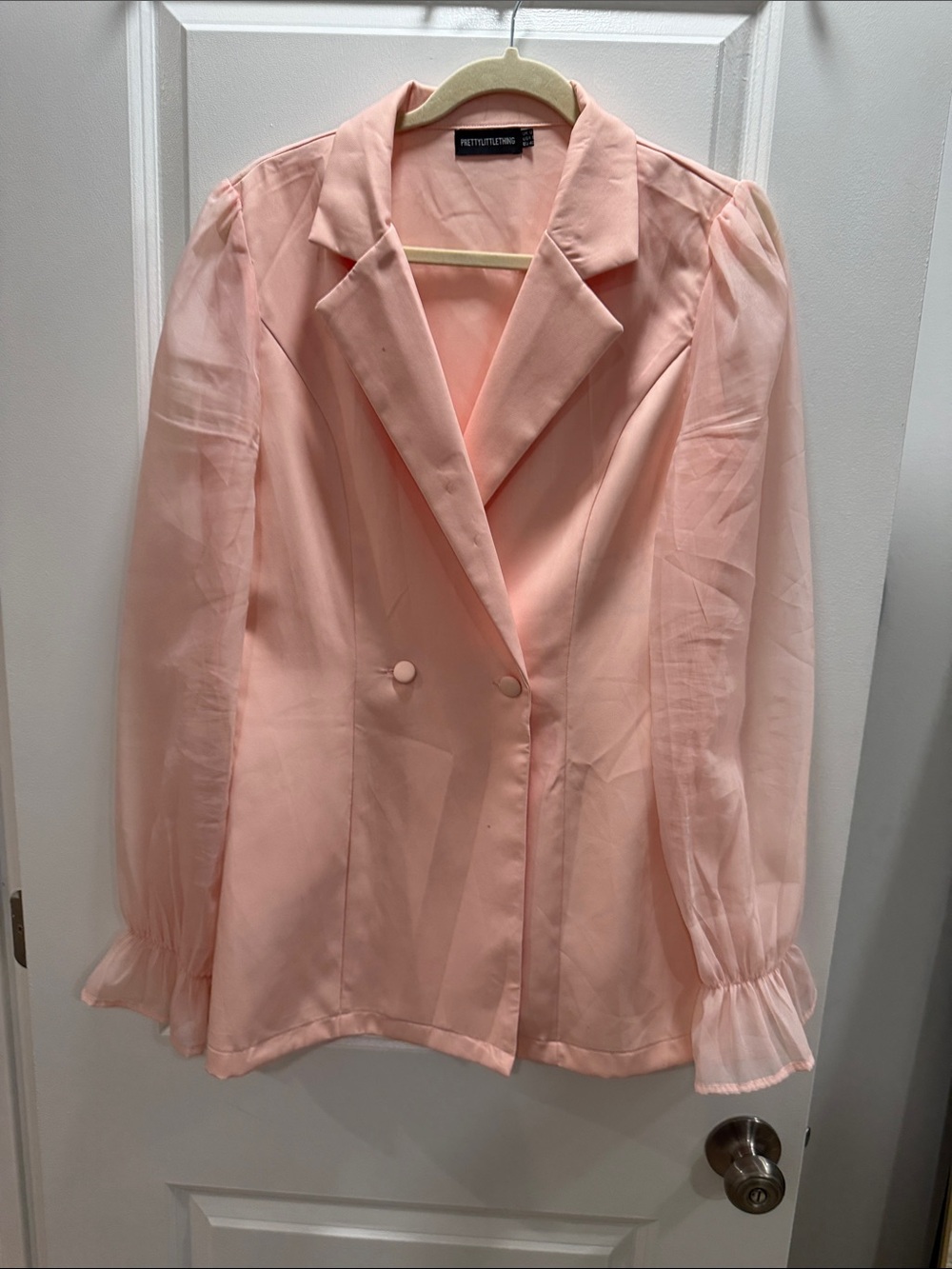 PrettyLittleThing Peach Pink Double-Breasted Blazer with Sheer Sleeves